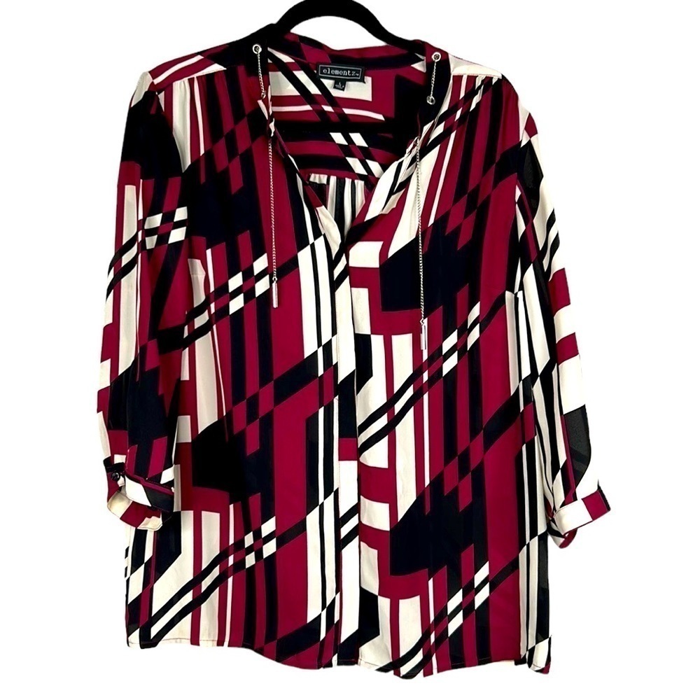 Elementz Burgundy Black & White V-Neck Sheer High Low Top‎ Size Large